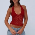 Haut licou rouge en dentelle ajusté avec détails ajourés et design dos nu élégant - Rouge