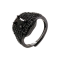 Detailed macro view of an adjustable gunmetal ring with black rectangular stone and micro-pave - Gun Black Black Zircon