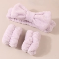 Light purple coral fleece headband and wristband set for face washing and skincare - Purple - 3-piece Set (the Wrists Have 3 Hand-stitched Seams)