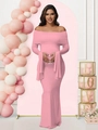Abito da sera premaman rosa con spalle scoperte, maniche a campana e spacco a sirena - S / Rosa