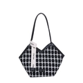 Classic black and white tweed checkerboard handbag with stylish ribbon and V-cut design - Black Lattice