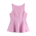 Rear view of a pink sleeveless top featuring a ruffled peplum hem on a white background - S / Pink