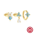 S925 sterling silver gold plated earring set with turquoise petals and zircon drops - 3pcs Set-Gold-Blue Petal