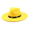 Close-up of yellow wool fedora hat with black belt and golden metallic studs detailing - Yellow
