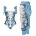 Blue and white porcelain print one-piece swimsuit and matching sarong skirt set - S / One-piece Swimsuit and Sarong Set