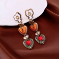Vintage gold heart drop earrings with tiered crystal stones on brown satin fabric - 84# Silver Pin-Gold-Colorful