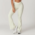 Pantaloni yoga a zampa bianco crema a vita alta con un design a V incrociato in vita - S / Albicocca Crema