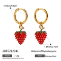 Waterproof gold stainless steel strawberry earrings with red fruit and green leaves - Strawberry Hoop Earrings (JDE0212041)