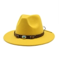 Detail of yellow felt wide brim hat with turquoise beaded band and wooden accents - M (56-58cm) / Yellow