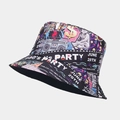 Reversible bucket hat with retro cassette tape and colorful graffiti on black canvas - M (56-58cm) / 90s Party Black Street Graffiti Style (Color #7)