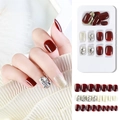 Burgundy press-on nails set with gold glitter and rhinestones in short square shape - F785-8 Deep Red Gold Glitter Rhinestone
