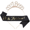 Golden 18th birthday rhinestone crown and black 18 & Fabulous sash birthday party set - One Size / 18th (Glitter) / Black/Gold
