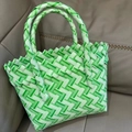 Handmade woven tote bag in green and white stripes featuring sturdy spiral handles - Small (No Bow) / Green Beige