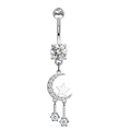 Silver stainless steel belly button ring with moon, star charms and cubic zirconia - Style 40