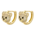 Charming golden teddy bear huggie earrings with sparkling white zircons and black stone eyes - Gold White Zirconia