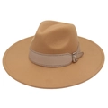 Close-up of camel fedora hat with light beige leather belt and silver buckle detail - Camel