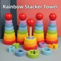 Rainbow stacking tower with multi-colored wooden rings and geometric shape blocks - Rainbow Tower Geometric Ring (Single)