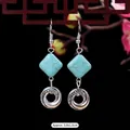 Ethnic retro earrings with turquoise beads and silver floral drops measuring 3.8x1.5cm - 13-Rhombus Circle Wrap