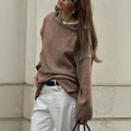 Women's brown hooded knit sweater with long sleeves and loose fit casual style - S / Coffee