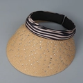 Macro view of woven straw sun hat with silver rhinestones and zebra print headband - M (56-58cm) / Khaki
