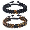 Adjustable double-layer braided bracelet set with tiger eye and matte black onyx beads - Couple Set 1 (Matte & Tiger Eye)