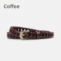 Vintage woven leather belt for women in coffee brown with antique metal buckle - Coffee