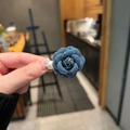 Vintage denim camellia flower hair clip with pearl accent for elegant women styling - Denim Blue With Pearl