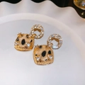 Close-up of leopard print velvet earrings with cubic zirconia inlay on a white tray - 50# Silver Needle-Gold-Rhinestone Leopard