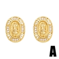 Gold oval stud earrings with Our Lady of Guadalupe relief and white cubic zirconia stones - Style A - Oval Mary Relief
