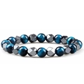 Armband mit 10mm blauen Tigerauge-Perlen und facettierten schwarzen Hämatit-Akzenten - Dunkelblaues Tigerauge & Hämatit