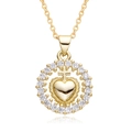 Gold heart pendant necklace with cross detail and zircon inlay on white background - Cross Heart Disc Style (B063)