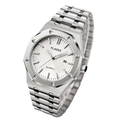 Classic silver stainless steel watch with white grid dial and date display on white background - Silver White
