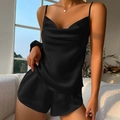Women's black ice silk pajama set with sleeveless cowl neck camisole and matching shorts - S / Black With Hair Tie