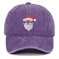 Close-up of Santa Claus embroidery on vintage washed purple cotton baseball cap - Purple