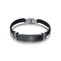 Men's vintage black braided leather bracelet with customizable metal plate and silver clasp - KZ07-Leather-Black