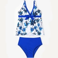 Two-piece girls swimsuit featuring blue palm tree print top and navy high-waisted bottom - 104 / Coconut Tree Print