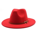 Detail of red wool felt fedora featuring a narrow brown leather band and gold buckle - M (56-58cm) / Red