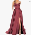 Elegant burgundy satin long dress with thin straps, high slit, and side pockets - US size 12 (L) / Top And Bottom / Burgundy