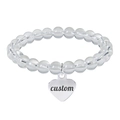 Pink zebra stone bracelet with personalized engraved heart charm and clear beads - White Crystal