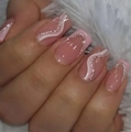 Pink and silver glitter french press-on nails with white wavy lines on white fur - Pink Nude French Glitter Wave Style (CW507) / With Jelly Glue and Nail File