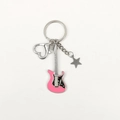 Pink electric guitar metal keychain with heart lobster clasp and small star pendant - Pink Star Style Guitar