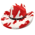 Western cowboy hat with red and white cow print plush texture and turquoise stud band - M (56-58cm) / Straight Top / Red Cow Print