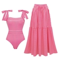 Pink striped swimsuit set with bow shoulder straps and tiered long maxi skirt - S / Pink White Striped/Bow Tie Set