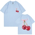 T-shirt en coton bleu clair avec imprimé cerises doubles et nœud rose mignon - Bleu clair