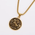Detail of a gold Saint George round pendant with box chain on a white background - Gold (With 60cm Chain)