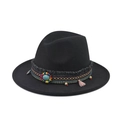 Black wool fedora hat with bohemian ethnic braided band and turquoise stone accent - 05-Black