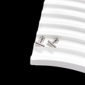 Minimalist silver bar stud earrings made of titanium steel on a white textured stand - Long Bar