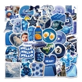 Set of 50 blue aesthetic vinyl stickers for DIY laptops and water bottles in a flat lay - Aesthetic Blue Decorative Stickers