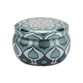 Green drum-shaped metal candle tin with geometric patterns and matching lid - D238-Green Geometric Pattern