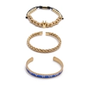 Three-piece golden titanium steel bracelet set featuring crown bead and Roman numeral details - Blue Roman Numeral Bangle Set Style 1